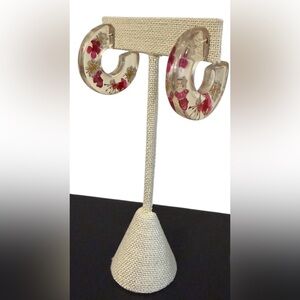 #725 Vintage Floral Resin Hoop Earrings‎ | Pressed Flower Clear Acrylic